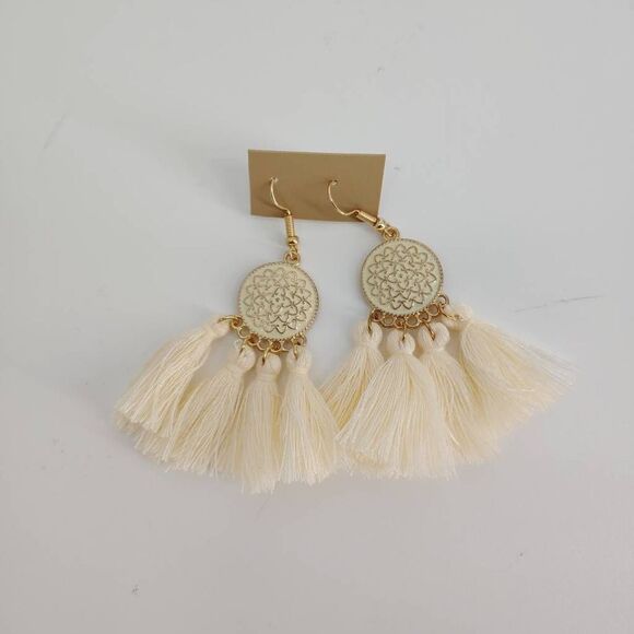 Boho Earrings Dangle Drop Western Carved Geometric Tassel Pendant Gold Tone Hook - Picture 2 of 7